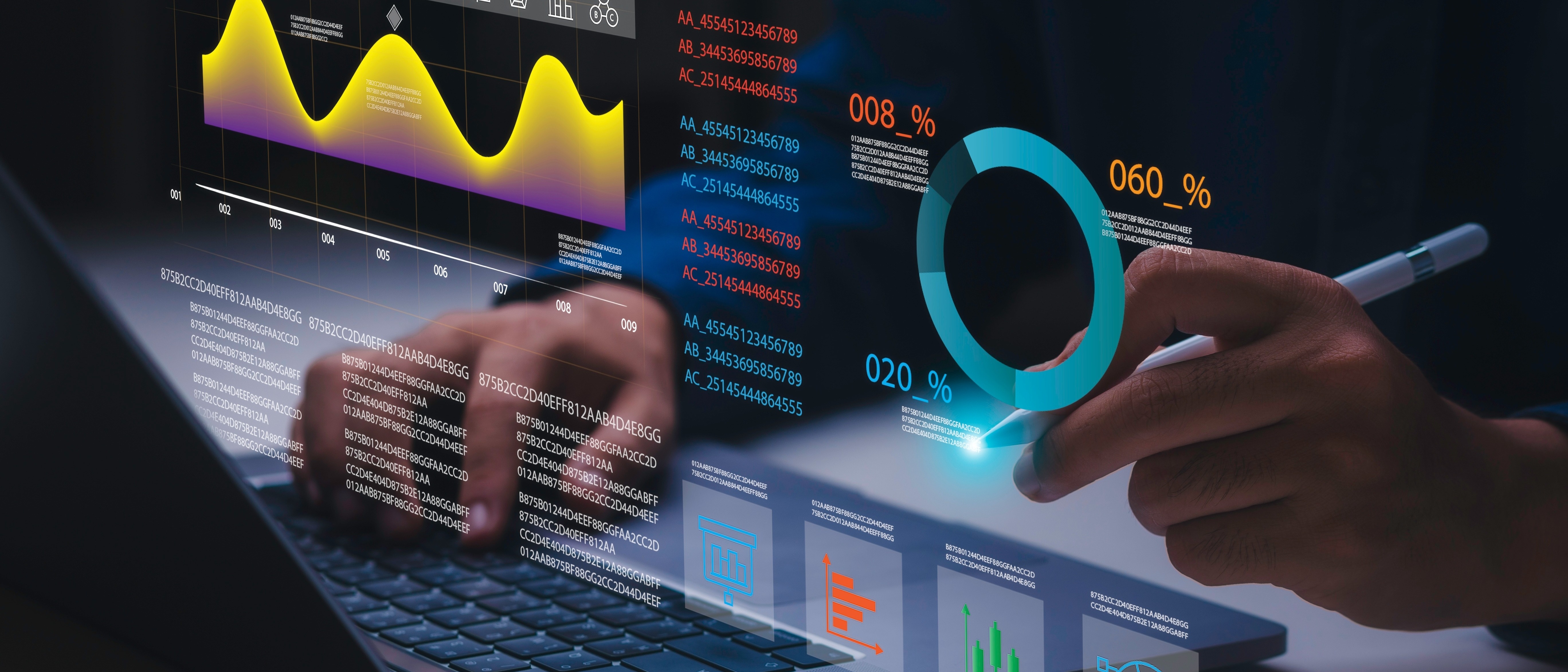 A person analyzes digital data on a laptop, featuring a glowing graph and circular chart on the screen
